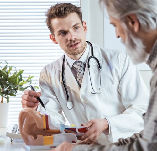 Audiologist explaining hearing loss surgery to a patient using a model ear.